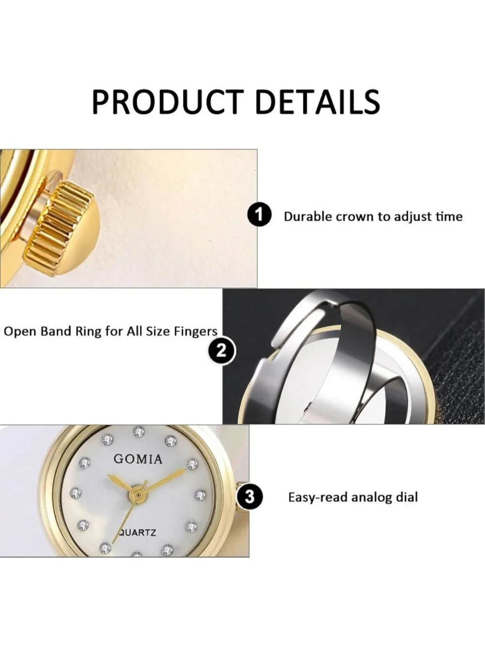 Unisex Silver Gold Quartz Roman Numeral Adjustable Open Band Finger Ring Watch